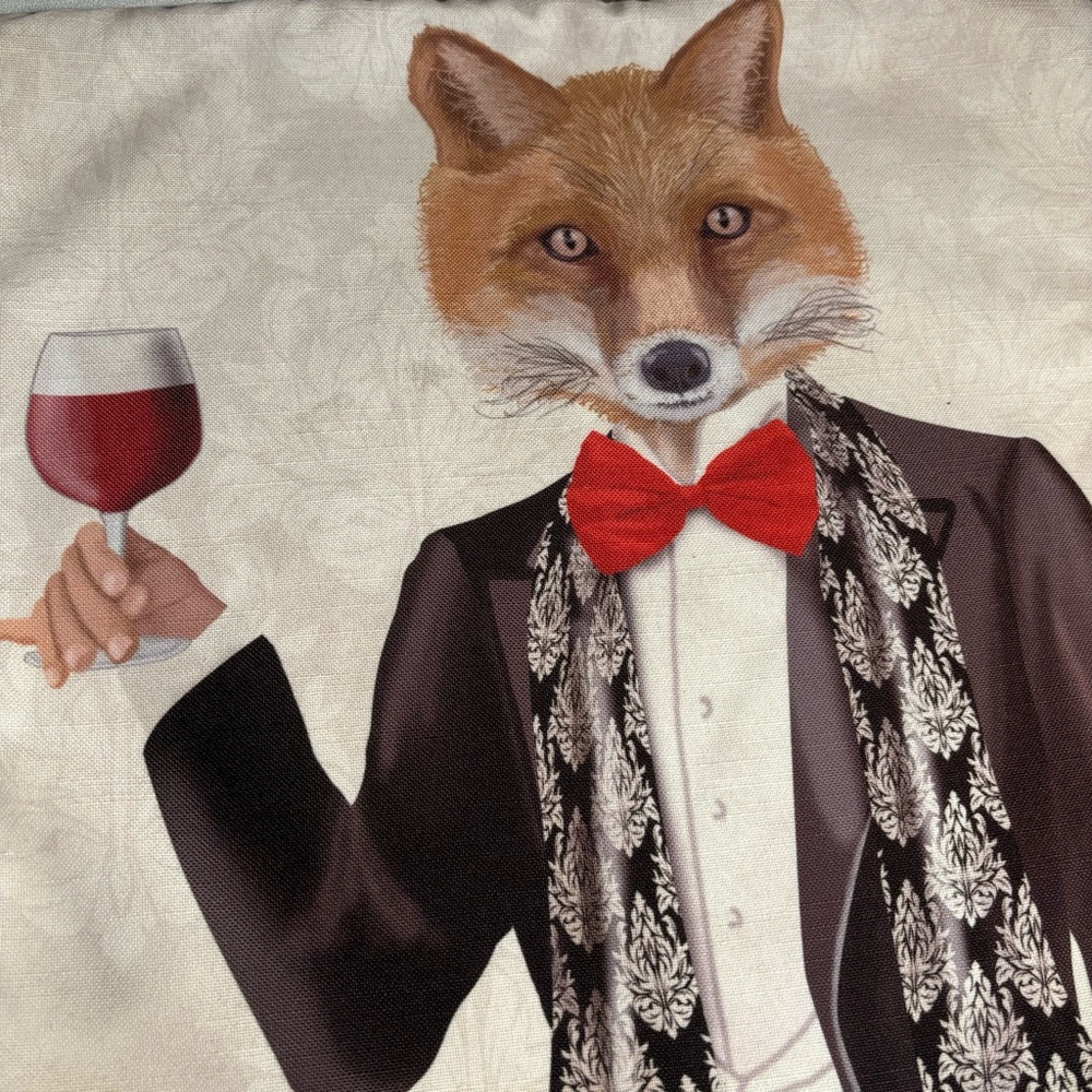Fab Funky Fox 17” Pillow Cover Fox Holding red wine in tuxedo drinkbar decor